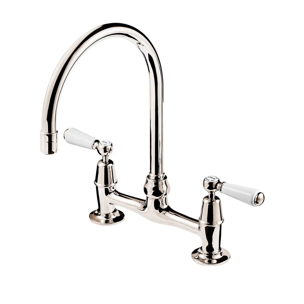 Barber Wilsons And Company Regent 1900''S  Bridge Kitchen Faucet With 6'' Swan Neck And Flange Unions With White Porcelain Levers And Buttons