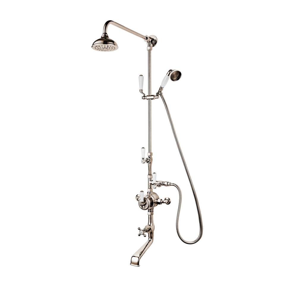 Barber Wilsons And Company 1890''S Bonnet Exposed Thermostatic Shower With Tub  & Hand Spray On Slider With 5'' Rain Head, White Porcelain Lever, Buttons And Spray (Cross Ha
