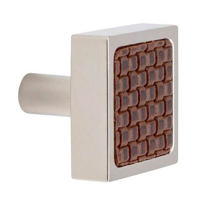 Colonial Bronze Leather Accented Square Cabinet Knob With Straight Post, Satin Brass x Shagreen Smokey Leather