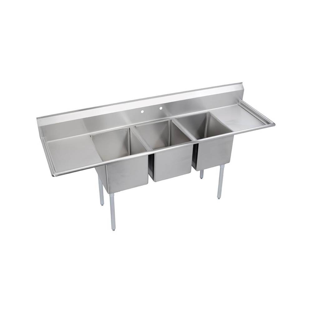 Elkay Dependabilt Stainless Steel 106'' x 29-13/16'' x 44-3/4'' 16 Gauge Three Compartment Sink w/ 24'' Left and Right Drainboards and Stainless Steel Legs