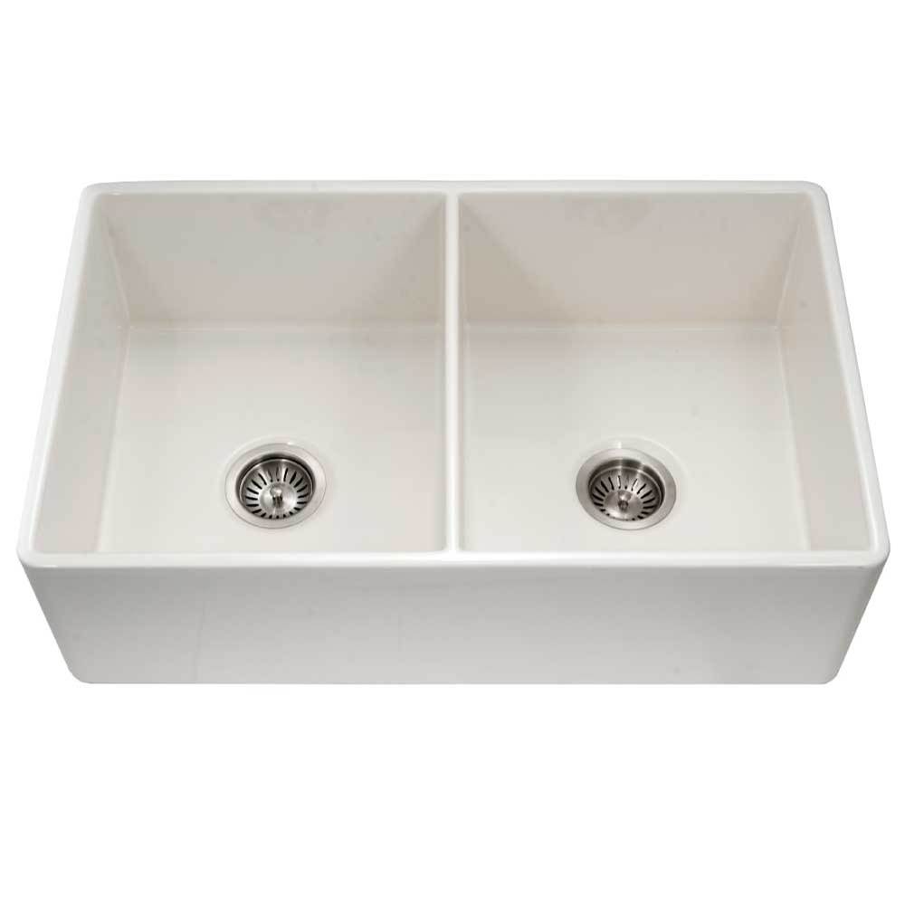 Hamat Apron-Front Fireclay Double Bowl Kitchen Sink, Biscuit