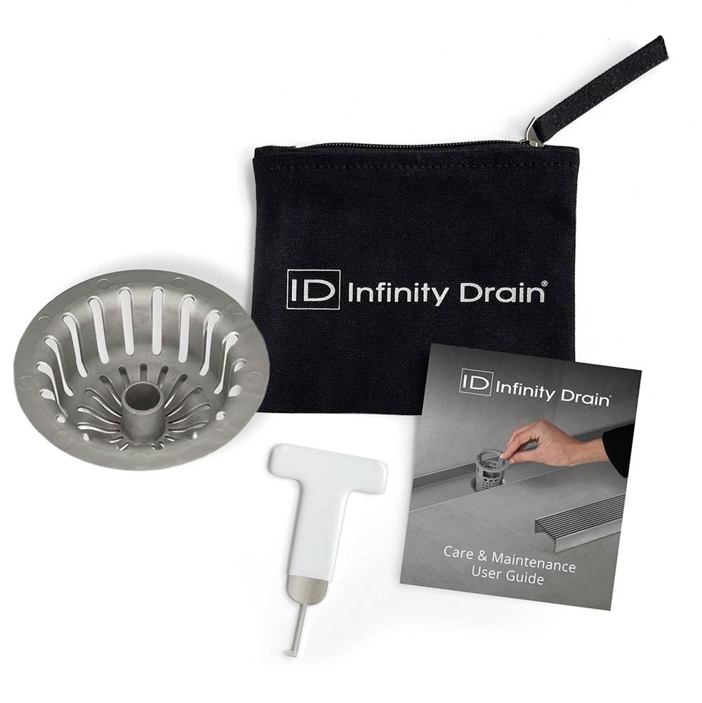 Infinity Drain Hair Maintenance Kit. Includes maintenance guide, WKEY Lift-out key, and HS 4 Hair Strainer.