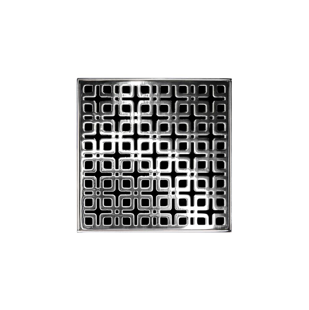 Infinity Drain 5'' x 5'' KD 5 Complete Kit with Link Pattern Decorative Plate in Polished Stainless with Cast Iron Drain Body, 2'' Outlet