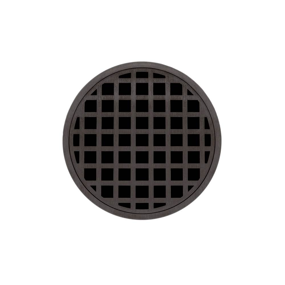 Infinity Drain 5'' Round RQDB 5 Complete Kit with Squares Pattern Decorative Plate in Oil Rubbed Bronze with ABS Bonded Flange Drain Body, 2'', 3'' and 4'' Outlet