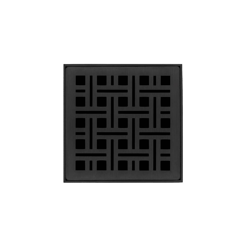 Infinity Drain 4'' x 4'' VDB 4 Complete Kit with Weave Pattern Decorative Plate in Matte Black with Stainless Steel Bonded Flange Drain Body, 2'' No Hub Outlet
