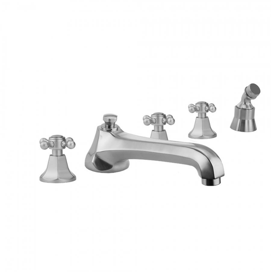 Jaclo Astor Roman Tub Set with Low Spout and Ball Cross Handles and Angled Handshower Mount