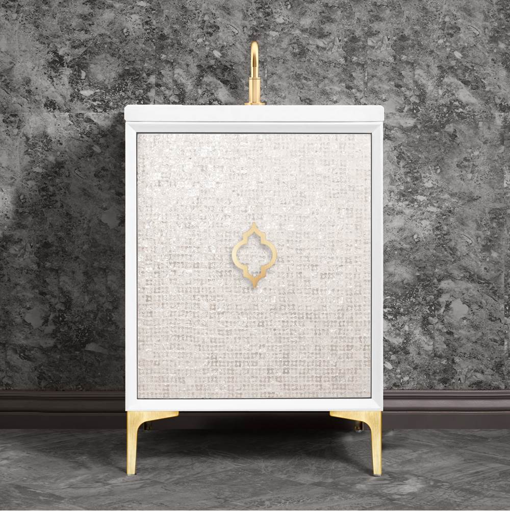 Linkasink Mother of Pearl 24'' Wide White Vanity with Satin Brass Arabesque Pull and Hardware, 24'' x 22'' x 33.5'' (without vanity top)