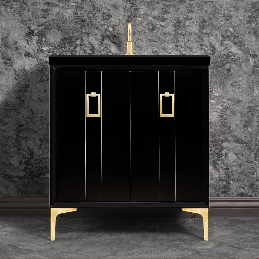 Linkasink Tuxedo 30'' Wide Black Vanity with Satin Brass Coach Pull and Hardware, 30'' x 22'' x 33.5'' (without vanity top)