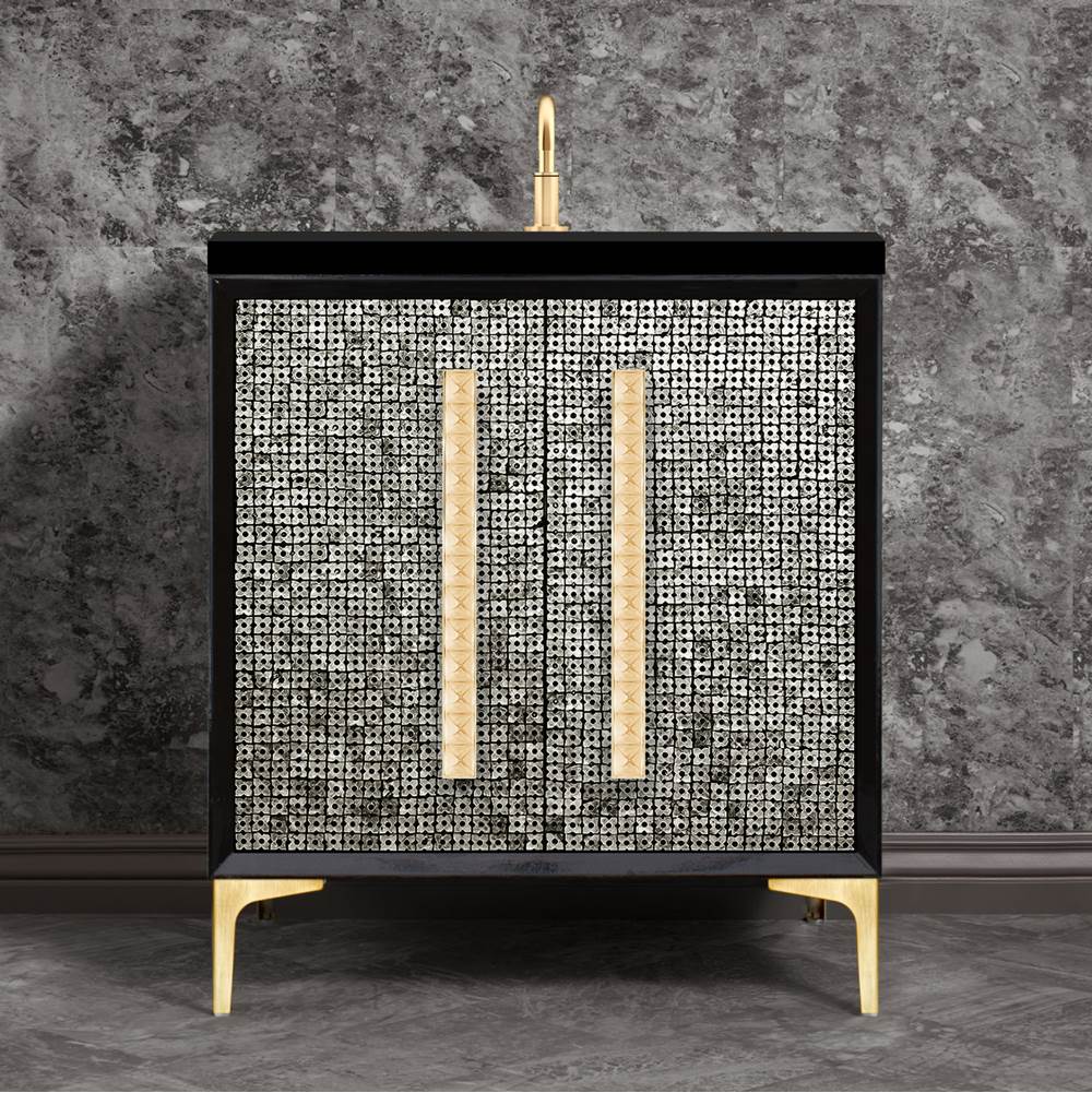 Linkasink MOTHER OF PEARL with 18'' Artisan Glass Pyramid Hardware 30'' Wide Vanity, Black, Satin Brass Hardware, 30'' x 22'' x 33.5'' (without vanity top)