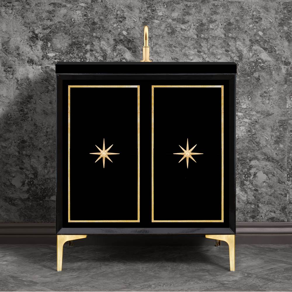 Linkasink Linea with 3'' Satin Brass Star Hardware, 30'' Wide Vanity, Black, 30'' x 22'' x 33.5'' (without vanity top)