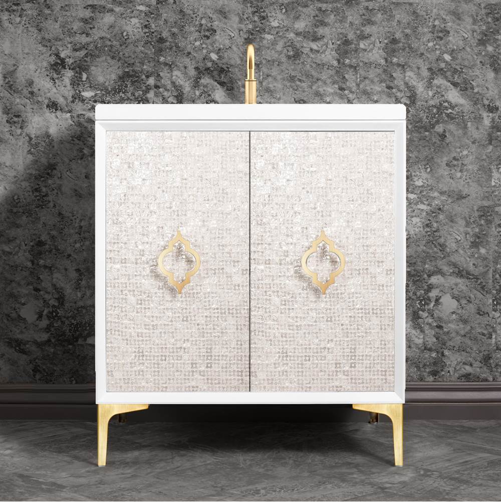 Linkasink Mother of Pearl 30'' Wide White Vanity with Satin Brass Arabesque Pull and Hardware
