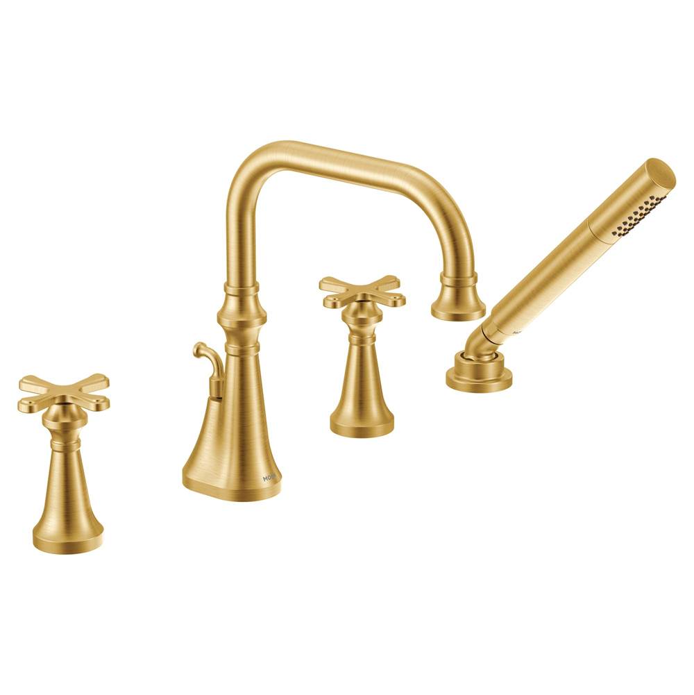 Moen Colinet Two Handle Deck-Mount Roman Tub Faucet Trim with Cross Handles and Handshower, Valve Required, in Brushed Gold